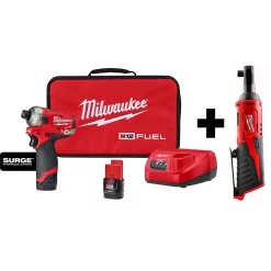 Hot Sale 👍 Milwaukee M12 FUEL SURGE 12-Volt Lithium-Ion Brushless Cordless 1/4 In. Hex Impact Driver Compact Kit W/ M12 3/8 In. Ratchet 🛒