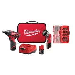 Outlet 🤩 Milwaukee M12 12-Volt Lithium-Ion Cordless 1/4 In. Hex Screwdriver/LED Worklight Kit With (2) 1.5Ah Batteries,Bit Set & Bag ✔️