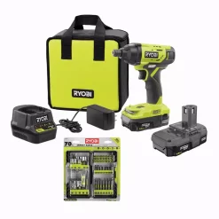 Outlet drills Store 35 Best deal 🛒 RYOBI ONE+ 18V Cordless 1/4 In. Impact Driver Kit With (2) 1.5 Ah Batteries, Charger, And Bag, With Driving Kit (70-Piece) 😀