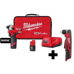 New 👍 Milwaukee M12 FUEL SURGE 12-Volt Lithium-Ion Brushless Cordless 1/4 In. Hex Impact Driver Compact Kit With M12 Right Angle Drill 🥰